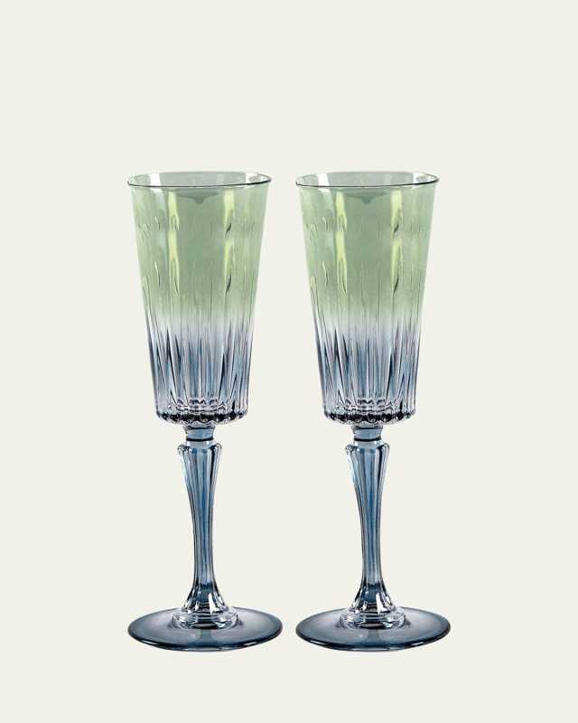 Green Shaded Stemmed Flute Glasses, Set of 2